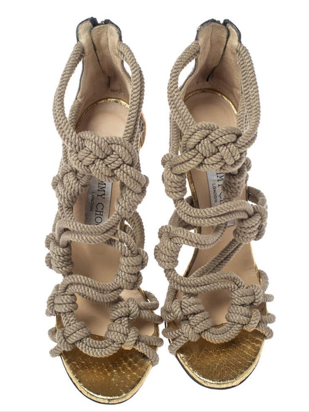Jimmy Choo Kalmar Rope Knot Elaphe Snake Taupe Gold Gladiator Sandal Heel EU38 - Picture 5 of 9